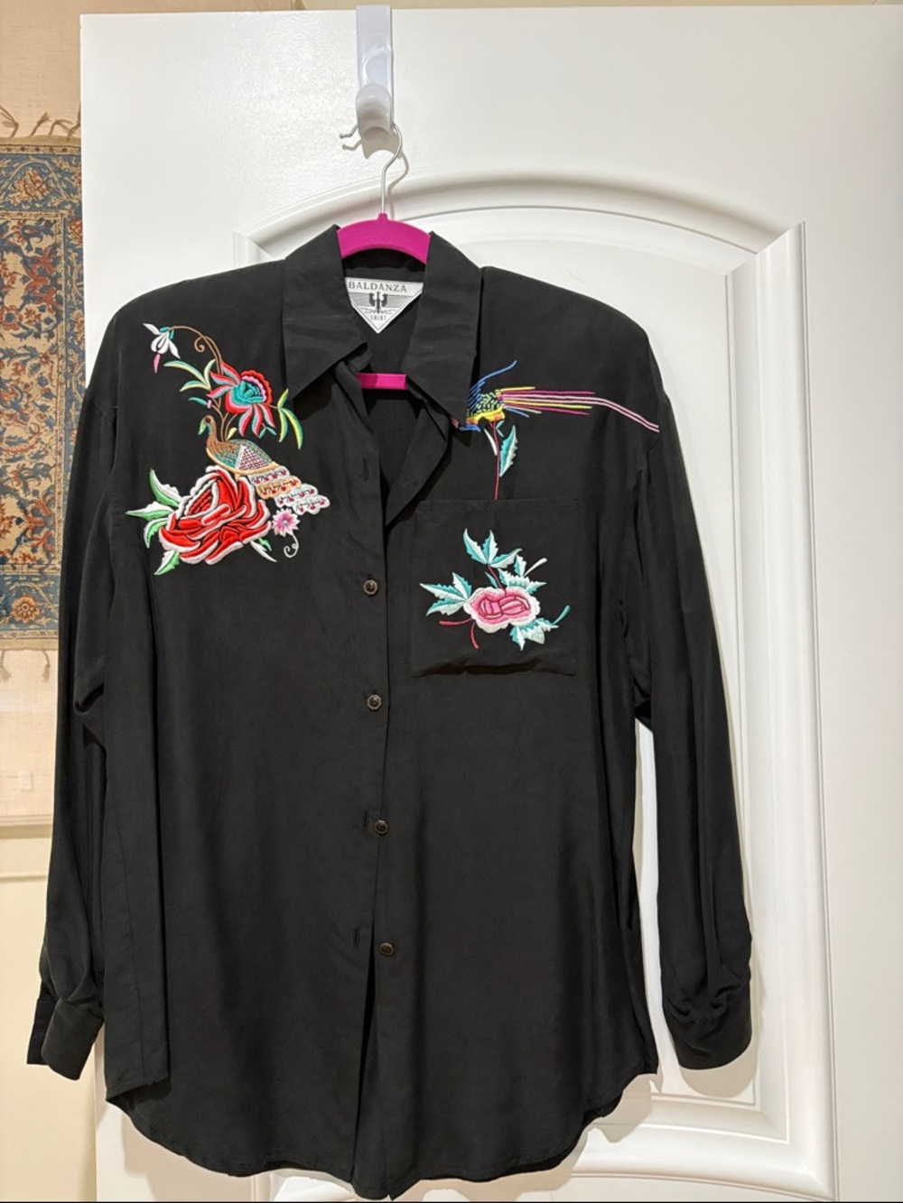Baldanza Black Button-Down Shirt with Multicolor Floral & Bird Embroidery